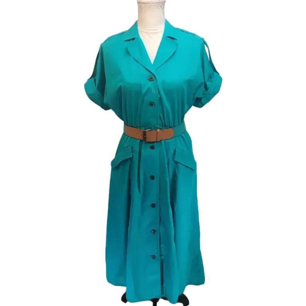 Liz Claiborne. Vintage, Turquoise A-Line, Button Down Midi Dress. 4